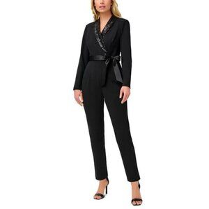 Adrianna Papell Womens Black Sequined Straight Leg Tuxedo Jumpsuit NWT